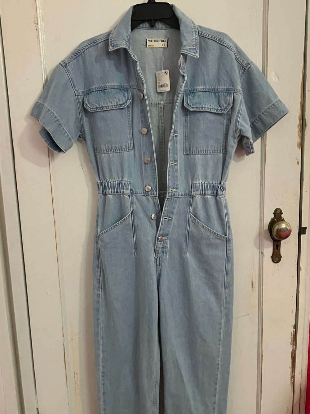 Free People Light Wash Denim Short-Sleeve Overalls